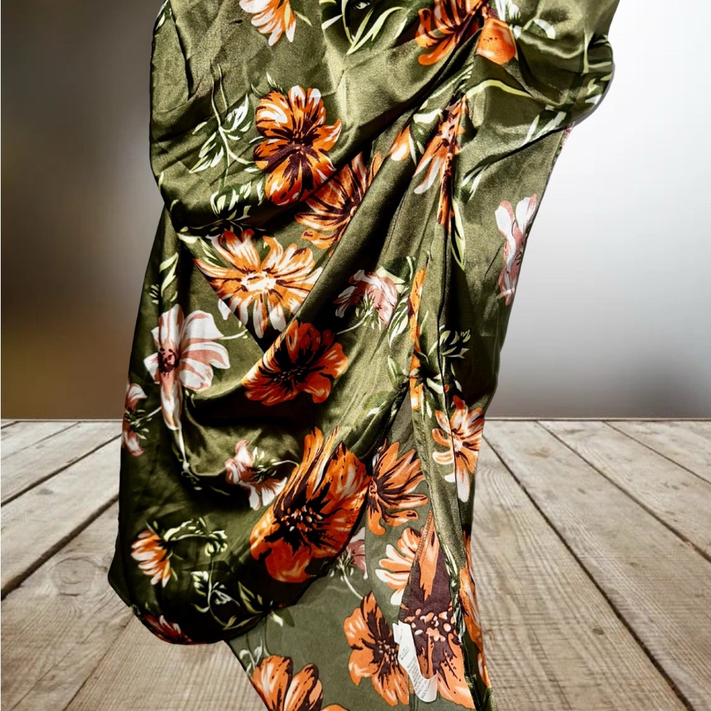 Olive Green Floral Midi Dress with Slit - Picture 3 of 7